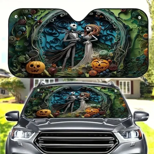 Jack And Sally Nightmare Couple Spooky Halloween Car Windshield Sun Shade