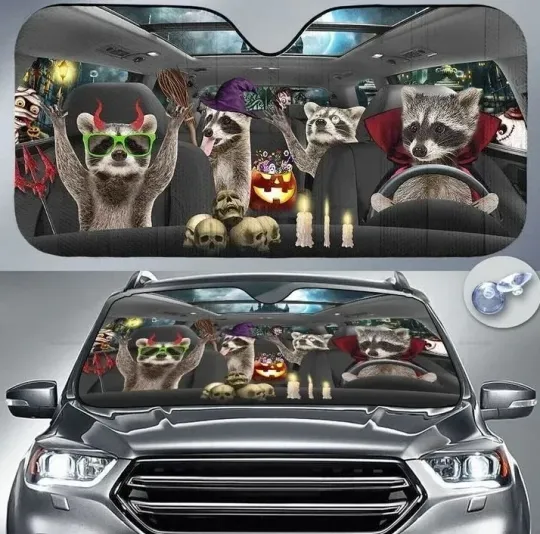 Raccoon Happy Halloween Car Sunshade Halloween Car Windshield Sun Shade