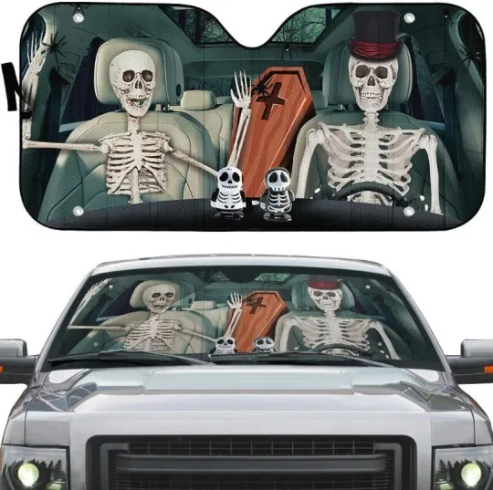 Skull Skeleton Happy Halloween Car Sunshade Halloween Car Windshield Sun Shade