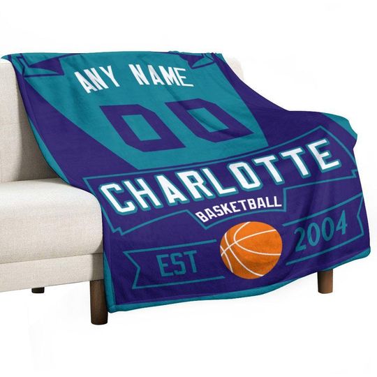 Custom Charlotte Basketball Blanket with Name Number for Boys Girls, Personalized Basketball Flannel Throw Blankets Couch Sofa Bedroom Decor