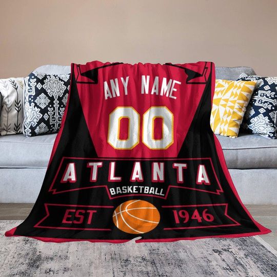 Personalized Atlanta Basketball Blanket, Throw Blanket Gifts for Boys Girls Players - Custom Name Number, Sport Blankets for Outdoor Travel