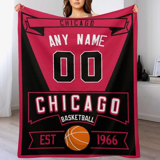 Discover Chicago Custom Basketball Blanket, Personalized Name and Number Sports Team Throw Blankets for Outdoor Travel, Adults Kids Teen Gifts