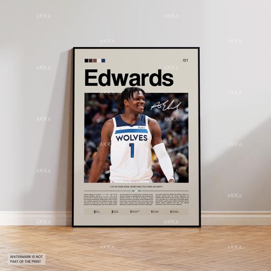 Anthony Edwards Poster, Edwards Timberwolves Print, Framed Edwards Minnesota Art, Minnesota Timberwolves Fan Gift Idea, Decor