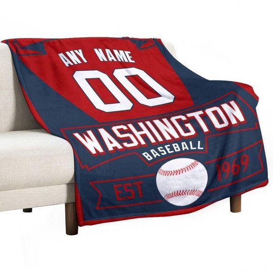 Washington Personalized Baseball Blanket with Name Number, Custom Baseball Gift for Adults Kids, Team, Baseball Team Flannel Throw Blankets