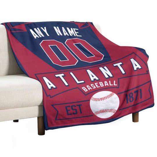Atlanta Custom Baseball Blanket - Personalized Name Number Throw Blankets for Teens Boys & Girls - Sports Blanket Bed, Couch, Travel