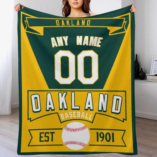 Custom Oakland Baseball Blanket Personalized Flannel Throw Blanket Add Name Number, Fans Gifts for Men Women Youth Baseball Lovers