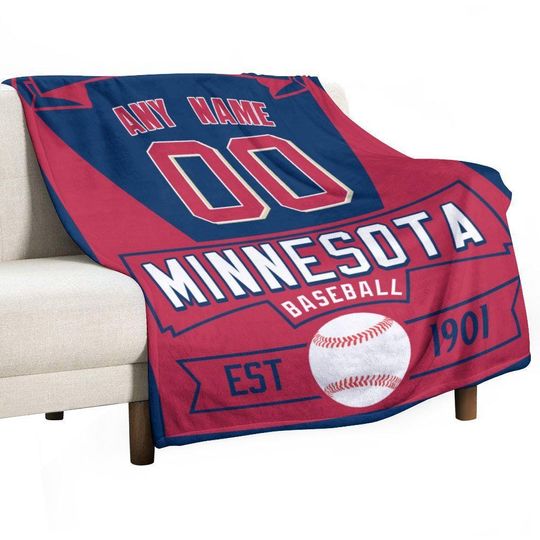 Minnesota Custom Baseball Blanket with Name Number, Sports Blanket for Girls Boys, Baseball Lovers, Flannel Throw Blanket Sofa Room Decor