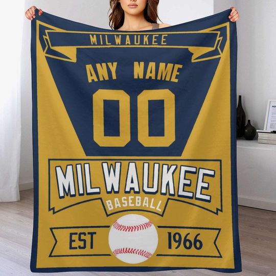 Personalized Milwaukee Baseball Blankets with Name Number, Custom Baseball Throw Flannel Blanket Gifts for Boys Sports Lover Fans Kids Adult