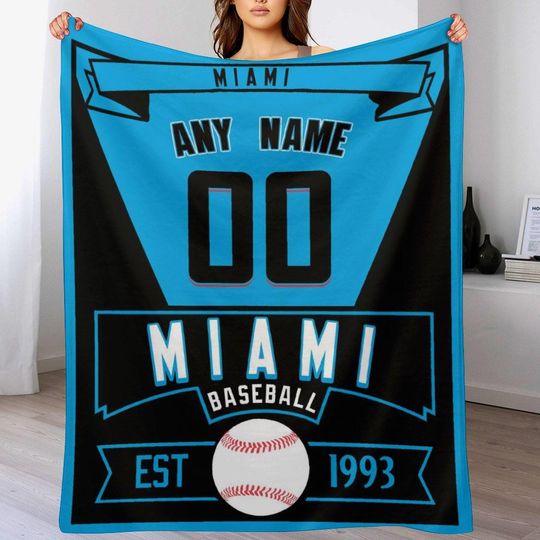 Custom Miami Baseball Blanket Personalized Name and Number Winter Throw Blankets for Bedroom Sofa Decor Teens Boys Girls Fans Gift