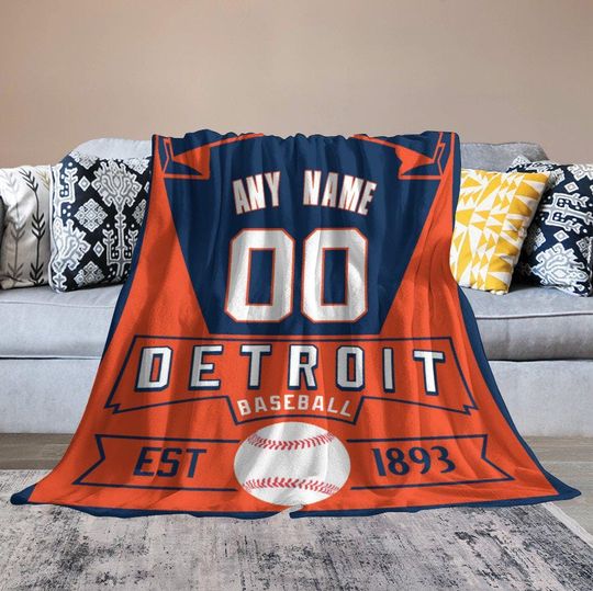 Discover Detroit Personalized Baseball Blanket, Custom Name Number Baseball Throw Blanket for Camping Travel, Sports Blanket Gift for Men Women Youth