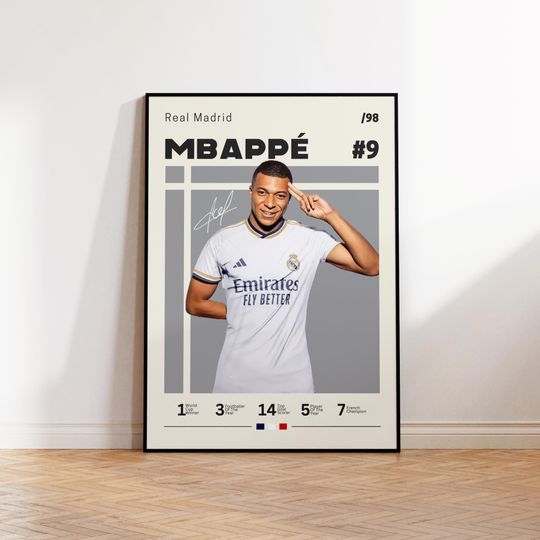 Kylian Mbappe Poster, Real Madrid Poster, Mbappe Fan Gift, Sports Poster, Football Player Poster, Soccer Wall Art, Sports Bedroom Posters