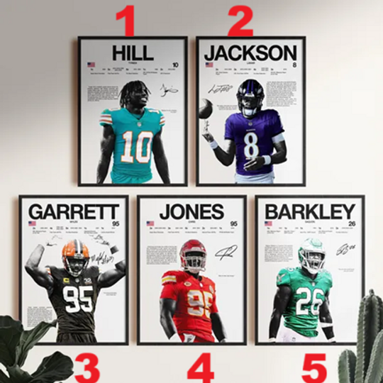 Tyreek Hill Lamar Jackson Garrett Jones Barkley Poster Bundle - Football Wall Art for Game Room Decor