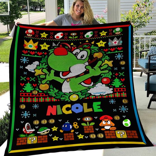 Personalized Super Mario Yoshi Ugly Christmas Blanket, Mario Yoshi Quilt Blanket, Super Mario Blanket, Super Mario Christmas Gift