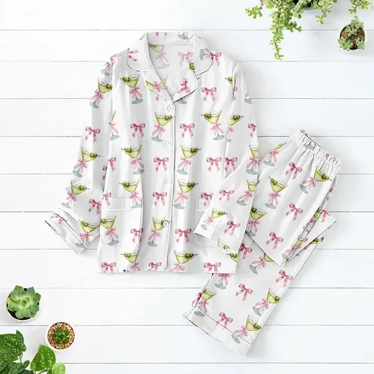 Discover Cocktail Coquette Bow Pajamas, Martitni Gift Women Pajamas, Bachelorette Party Holiday Pajamas Set, Tini Time Dress, Gift For Her