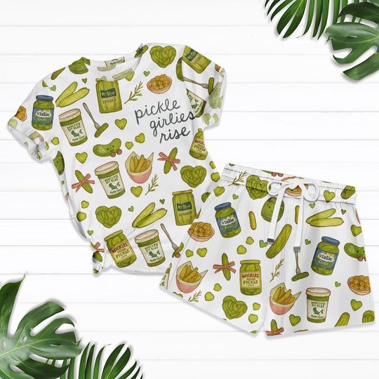Pickle Girlies Pajama Set, Funny Snack Print PJs for Women, Pickle Lover Gift Loungewear, Cute Dill Pickle Shorts and Tee Set