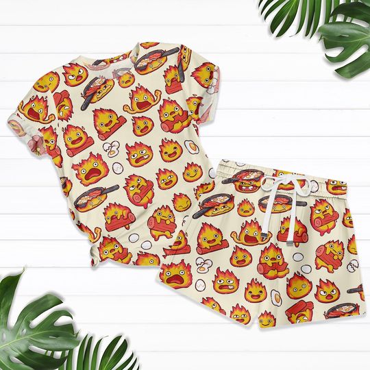 Calcifer Pajama Shorts Set, Howl's Moving Castle Sleepwear, Kawaii Anime Fire PJs, Studio Ghibli Loungewear, Cute Cream Short Set