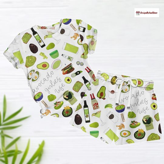 Discover Avocado Print T-Shirt & Shorts Pajamas Set, Green Pattern PJs, Short Sleeve Pyjama, Shorts Pajama, Matching Set for Women