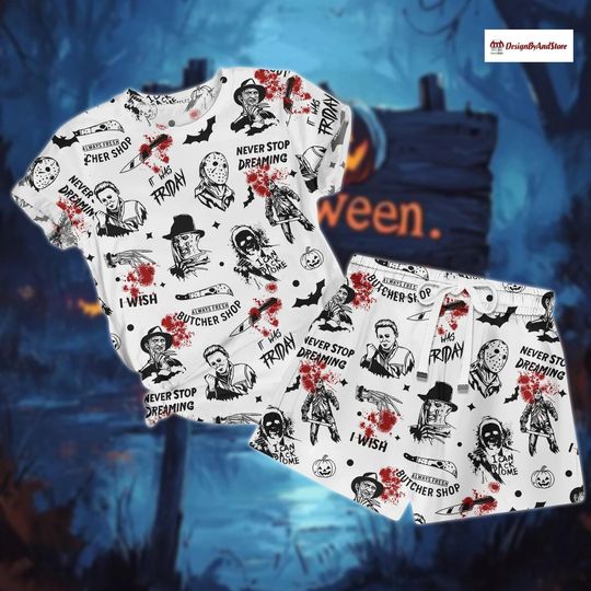 Killer Character T-Shirt & Shorts Pajama Set, Halloween Villain PJs, Matching Spooky Character PJs, Halloween Shorts