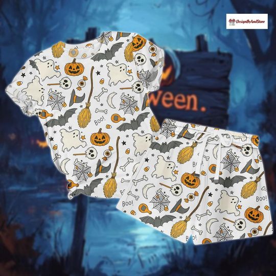 Halloween Pumpkin T-Shirt & Shorts Pajama Set, Phantom Boo PJs, Matching Halloween Set, Spider Web Pyjama, Trick Or Treat