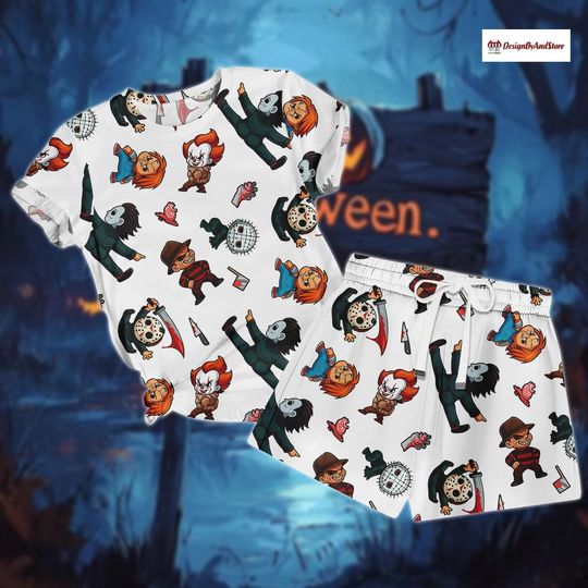 Discover Halloween Cartoon Chars T-Shirt & Shorts PJs, Cute Halloween Matching Pajamas, Costume Set for Halloween, Halloween Merch