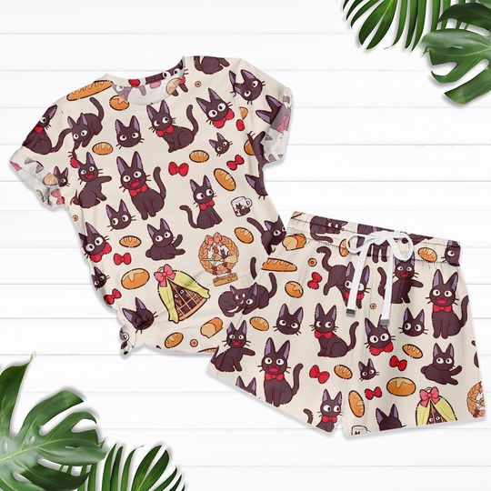 Black Cat Pajama Set, Cute Cartoon Cat and Bread PJs, Kawaii Loungewear Shorts and Tee for Women, Cozy Cat Lover Sleepwear