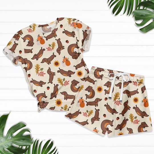 Fall Dachshund Pajama Set, Autumn Wiener Dog PJs for Women, Pumpkin and Leaf Print Sleepwear, Cute Sausage Dog Loungewear