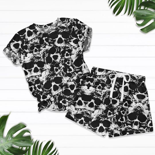 Discover Skull Pajamas Shorts Set, Spooky Sleepwear for Men, Button Up Pajama Set, Cool Summer Outfit, Gifts for Skull Lovers, Skull Merch