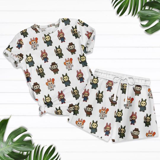 Labubu Pajamas Shorts Set, Horror Characters Pjs, Slasher Gift for Horror Fans, Horror Movie Pajama Set, Killers Merch, Gift