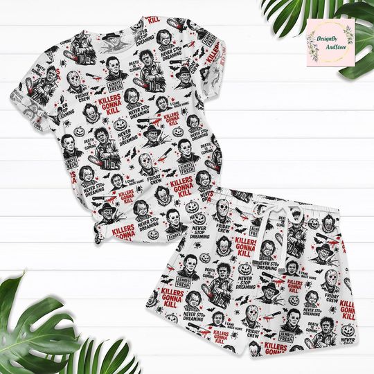 Killers Gonna Kill Pajamas Shorts Set, Horror Characters Pjs, Slasher Gift for Horror Fans, Horror Movie Pajama Set, Killers Merch, Gift