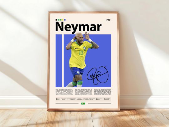 Neymar Poster, Brazil Soccer Poster, Soccer Gifts, Sports Poster, Football Player Poster, Soccer Wall Art, Sports Bedroom Posters