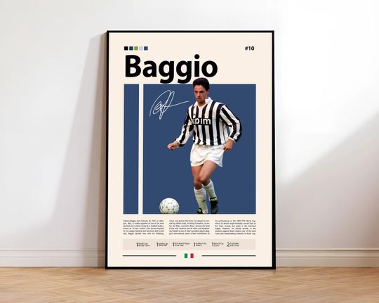 Roberto Baggio Poster, Italy Football Poster, World Cup Soccer Print, Mid-Century Modern Poster, Football Legend Art, Sports Bedroom Poster