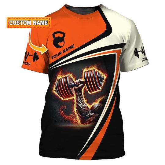 Discover Custom Gym T-Shirt: 3D Dumbbell Fire Design, Bodybuilding Workout Tee