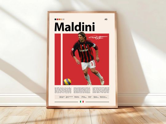 Paolo Maldini AC Milan Legend Poster, Retro Football Wall Art, Italian Soccer Icon Print, Vintage Football Memorabilia, Sports Decor