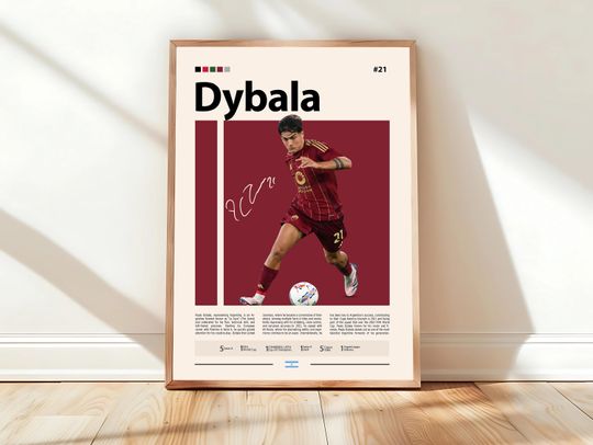 Paulo Dybala AS Roma & Argentina Football Poster, Soccer Star Wall Art, Retro Sports Print, Vintage Football Decor, Juventus Legend