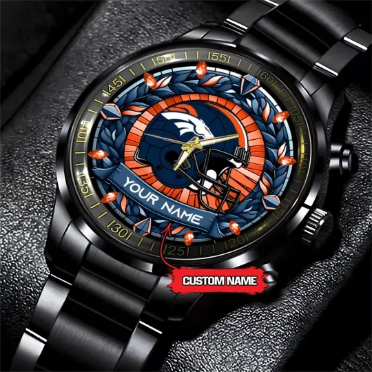 Denver Broncos football Personalized Black Stainless Steel Watch Gift For Fan