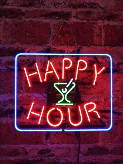 Discover Happy Hour Martini Cocktails Bar 20"x16" Neon Light Sign Lamp Open Beer Glass