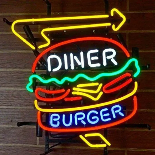 Discover Neon Sign Light Lamp Diner Burger Hamburgers Open Arrow Real Glass for Bar and Restaurant