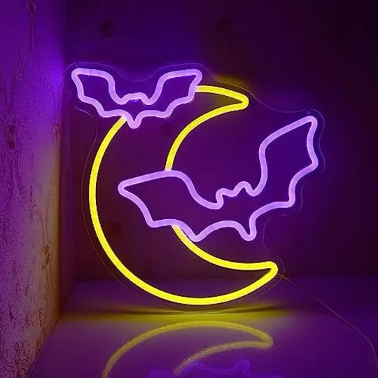 Discover Custom Halloween Party Bats and Moon Neon Sign