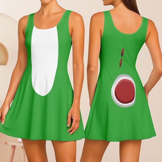 Yoshi Cosplay Skater Dress, Super Mario Women Dress, Nintendo Gamer Halloween Costume, Mario Bros Casual Dress, Fun Cartoon Party Dress