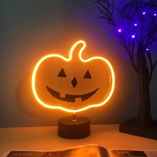 Orange Glowing Pumpkin Neon Sign, Halloween Decor