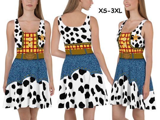 Sheriff Woody Dress Women Running Toy Story Cowboy Skater Costume Halloween Cosplay Check Cow Spots Birthday Party Spandex Outfit Gift