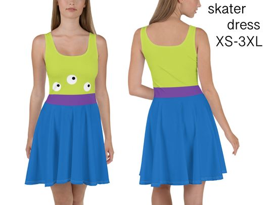 Alien Toy Story Dress Women Costume Halloween Cosplay Blue Skater Eyes Print Running Activewear Flare Skirt Outfit