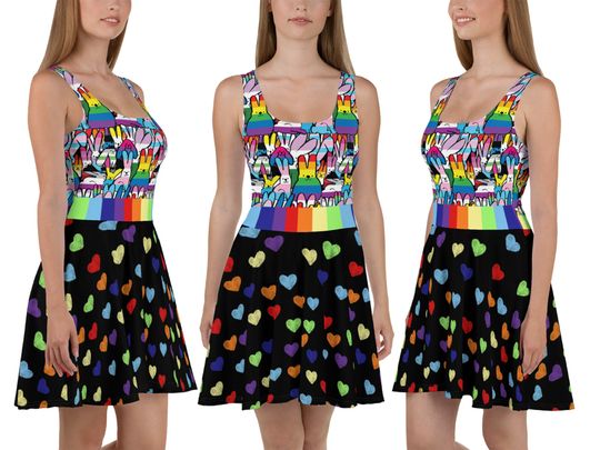 Rainbow Hearts Skater Dress Women LGBT Pride Bunnies Cosplay Sleeveless Costume Running Striped Outfit Gift Spandex Rabbits Birthday Party