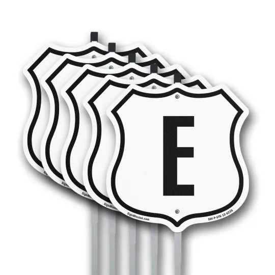 Discover Letter E Shield Shaped Metal Sign with Stake, Weather Resistant