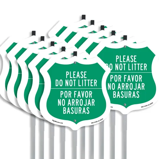 Please Do Not Litter Bilingual Shield Metal Sign with Stake