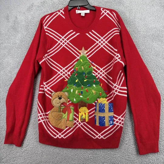 Discover Jolly Sweaters Womens Large Red Teddy Bear Holiday Christmas Sweater Tree Ugly