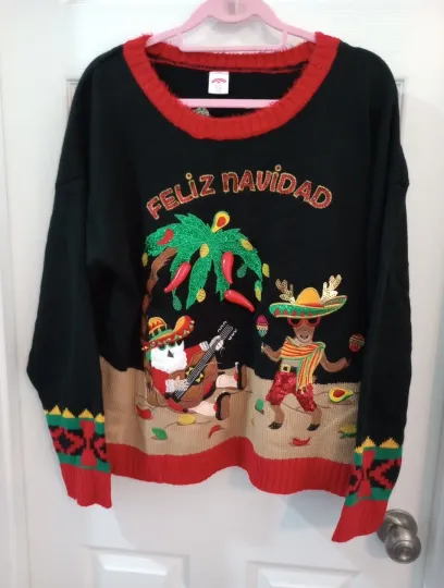 Holiday Time Feliz Navidad 3D Red Peppers Ugly Christmas Sweater Womens XL NEW