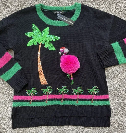 Holiday Women’s Pink Flamingo Ugly Xmas Sweater L 12-14 Faux Fur Trim Beach