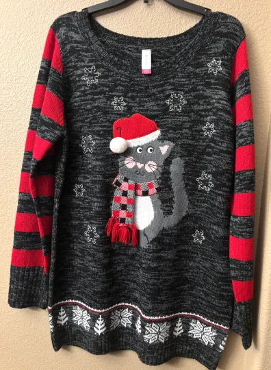 Women’s No Boundaries – Grey Cat Ugly Christmas Sweater