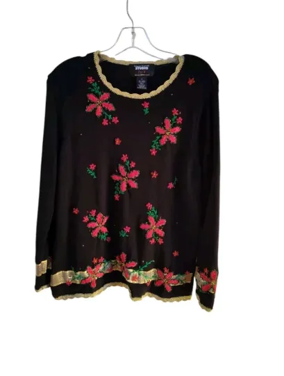 Discover Studio Joy Ugly Christmas Sweater Womens S Black w Red Poinsettias Pullover Vtg